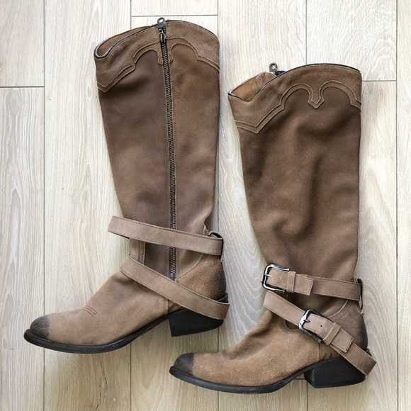 Vintage Matisse Nubuck Suede Zip Up Tall Belted Western Fashion Boots Sz 8.5B - Picture 1 of 12